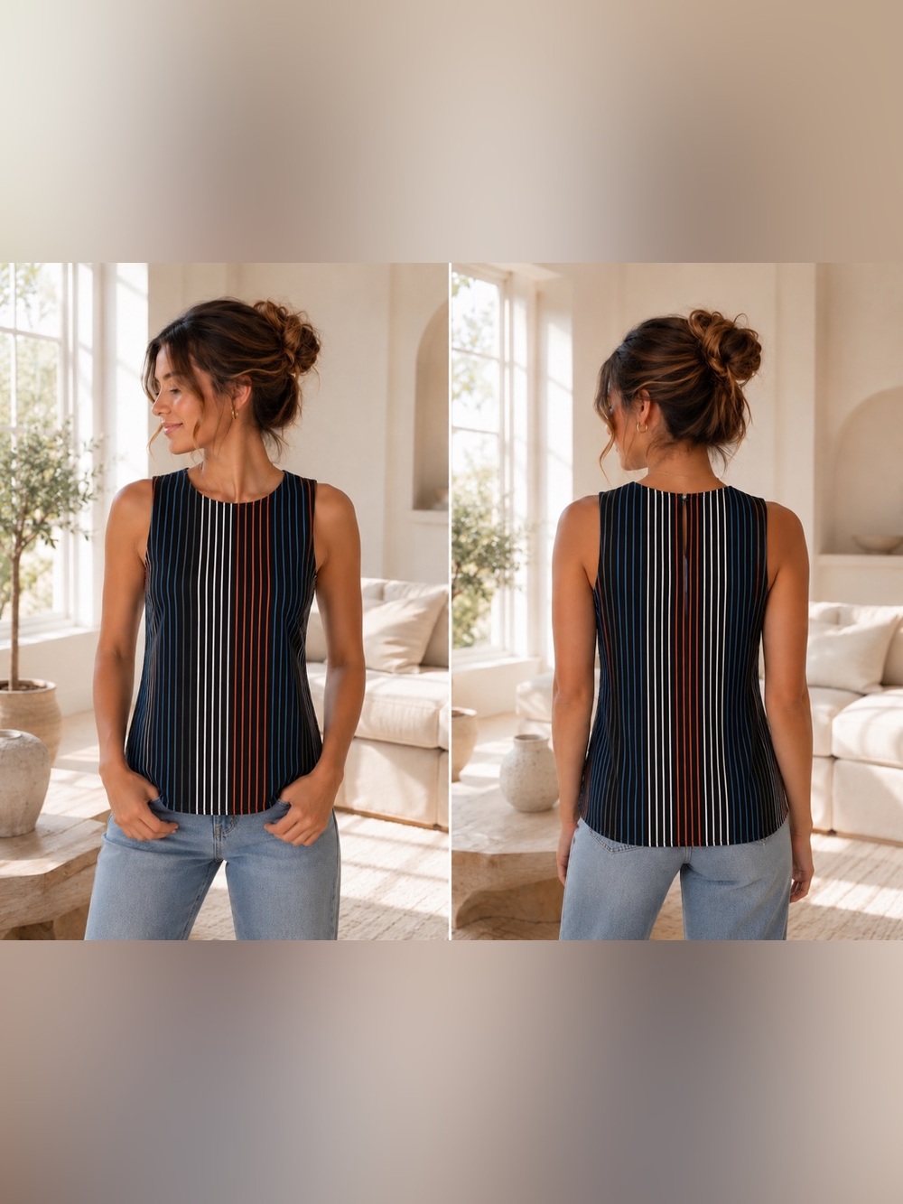 Who What Wear Black Sleeveless Tank with White, Blue & Rust Stripes Size XS EUC